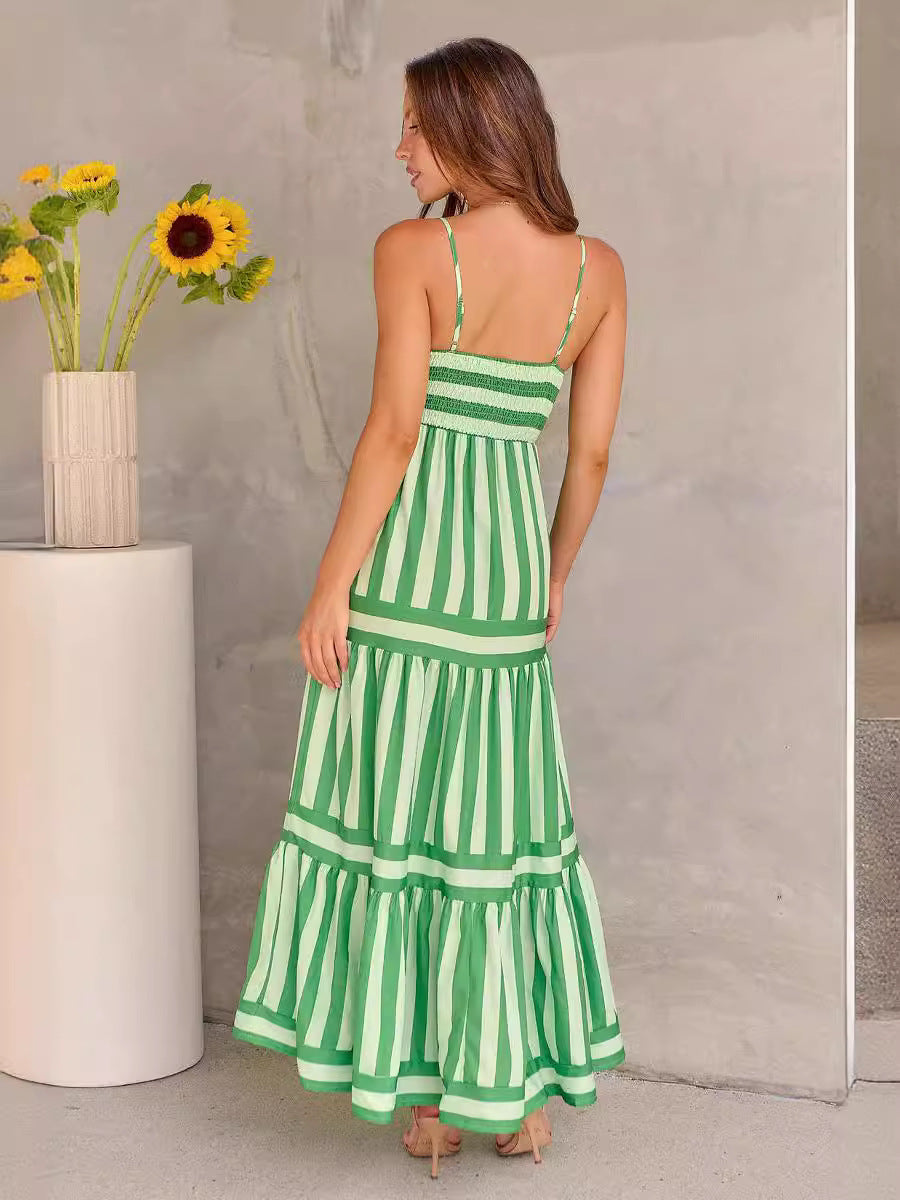 Women’s Striped Sleeveless Maxi Dress with Pockets – Beach Vacation