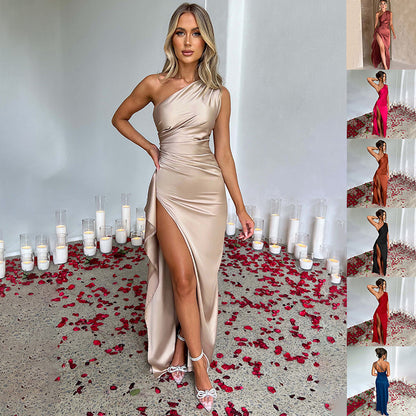 Women's Satin One-Shoulder Backless Slit Dress