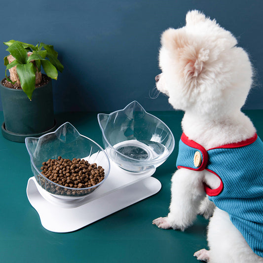 Inclined Cat Bowl with Ear Design – Transparent Oblique Mouth Single Pet Feeding Bowl