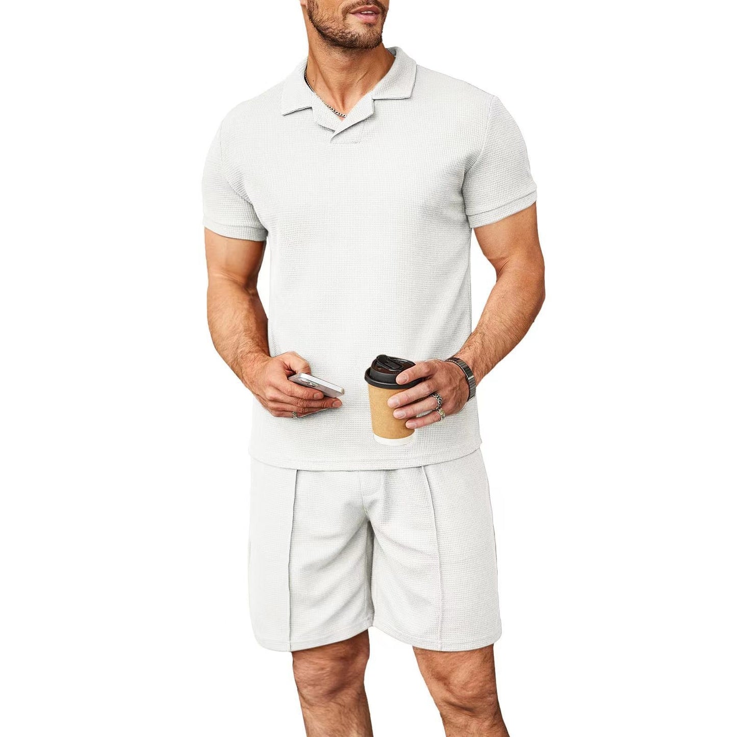Men’s 2pcs Set V-Neck Polo & Shorts – Summer Casual