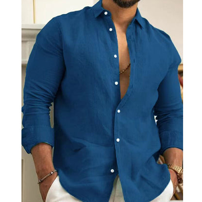 Men’s Linen Button-Up Shirt Summer Beach Solid Color