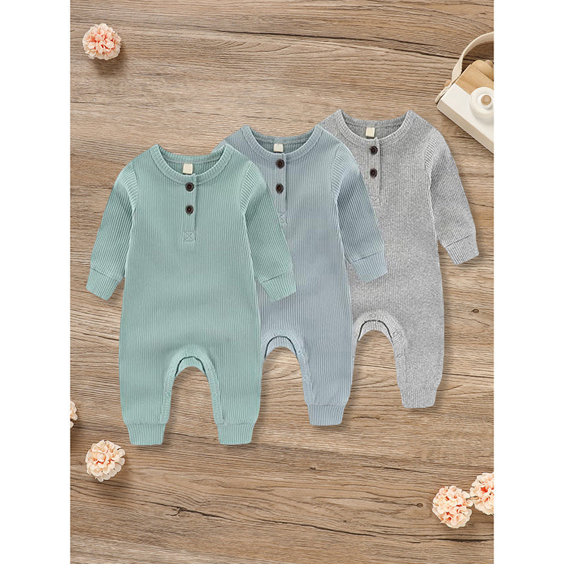 3-Pack Newborn Baby Long Sleeve Ribbed Rompers