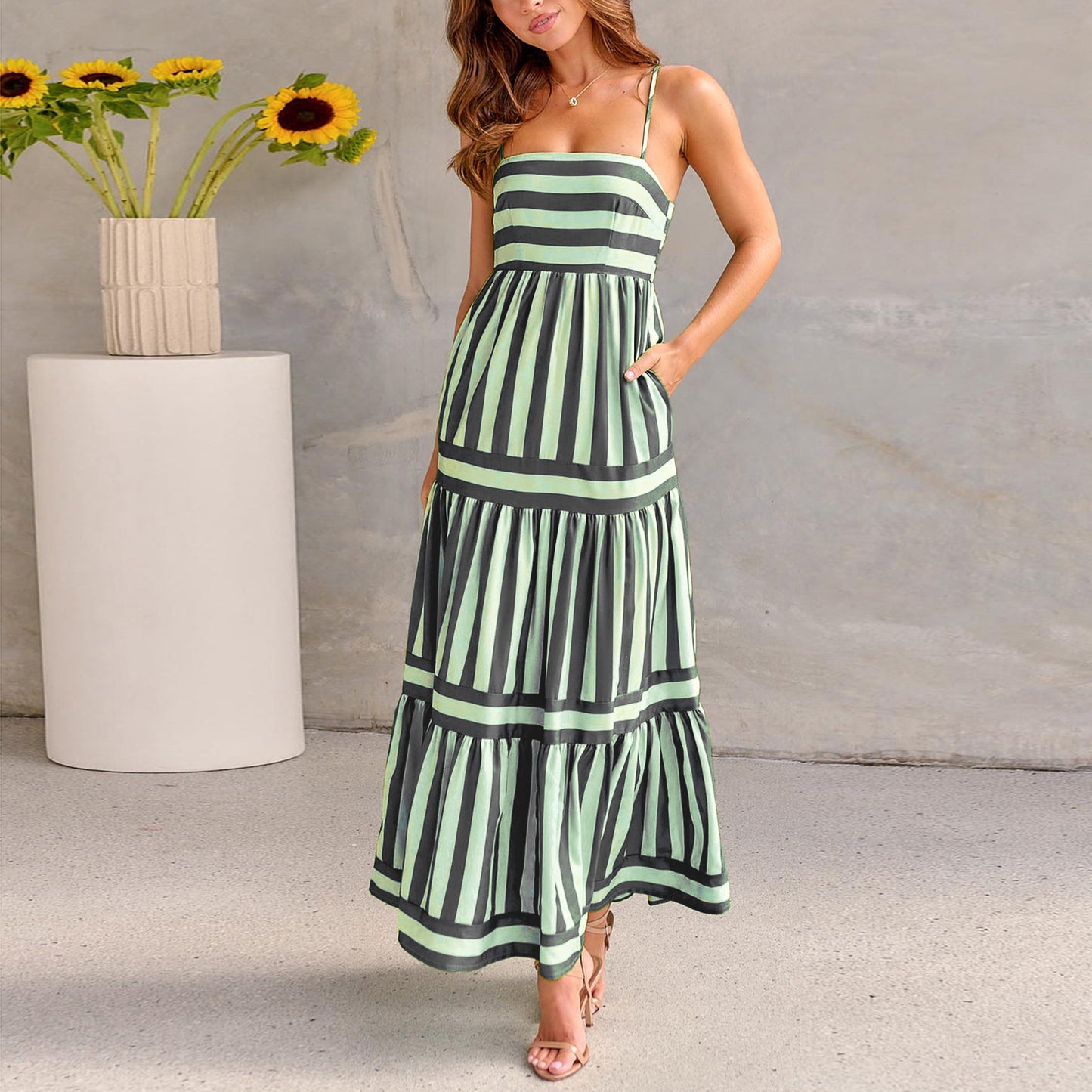Women’s Striped Sleeveless Maxi Dress with Pockets – Beach Vacation