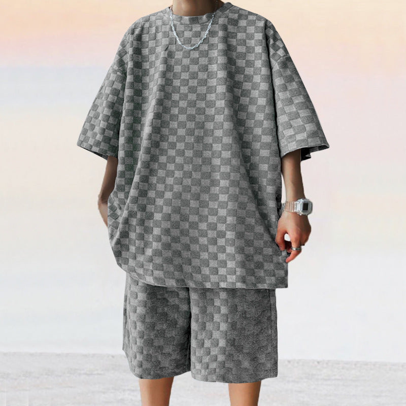 Men’s Jacquard Plaid Casual Shorts Suit – Loose Straight Fit