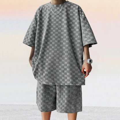 Men’s Jacquard Plaid Casual Shorts Suit – Loose Straight Fit
