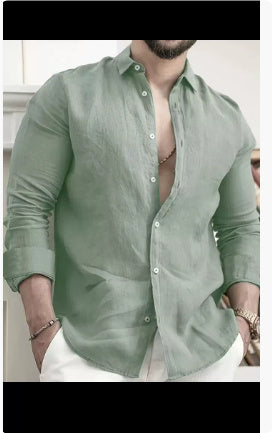 Men’s Linen Button-Up Shirt Summer Beach Solid Color