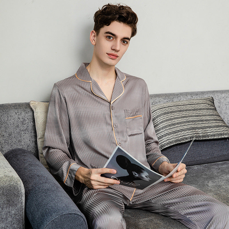 Men’s Ice Silk Pajamas Set – Long Sleeve & Trousers Nightwear