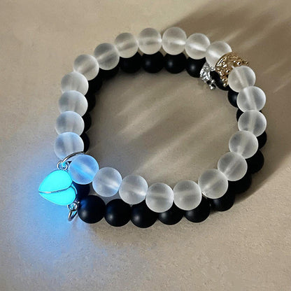 Glow-in-the-Dark Couple Bracelet – Handmade Crown & Heart Charms