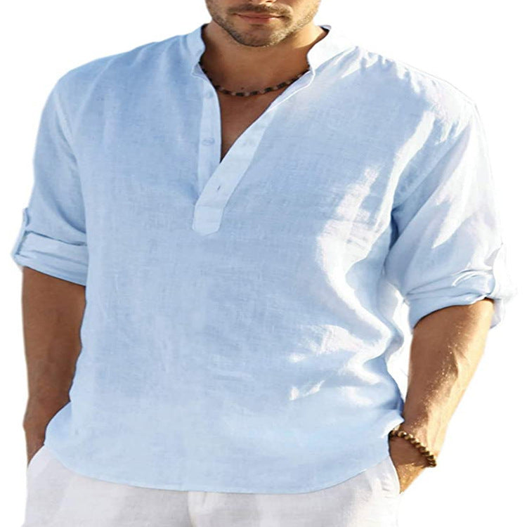 Men’s Cotton Linen Shirt – Casual Long Sleeve with Stand Collar