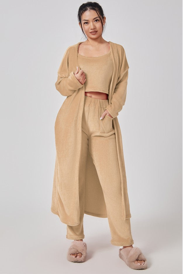 Women's 3-Piece Cozy Pajama Set – Warm Winter Loungewear with Top, Pants & Cardigan