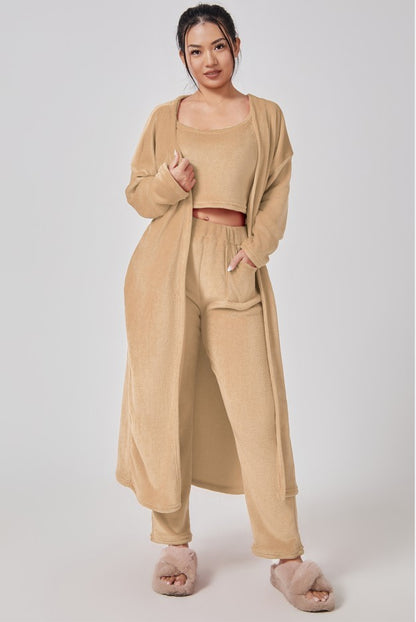 Women's 3-Piece Cozy Pajama Set – Warm Winter Loungewear with Top, Pants & Cardigan
