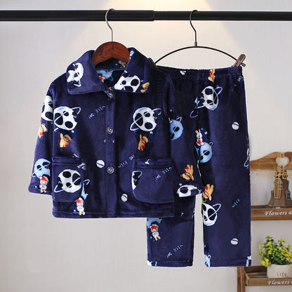 Boys’ & Girls’ Flannel Homewear – Kawaii Cartoon Animal Pajamas