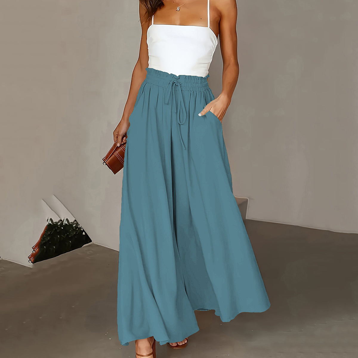 Women’s Plus Size Wide Leg Pants with Paper Bag Waist