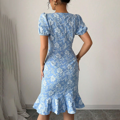 Women’s Floral Jacquard Puff Sleeve Bodycon Dress