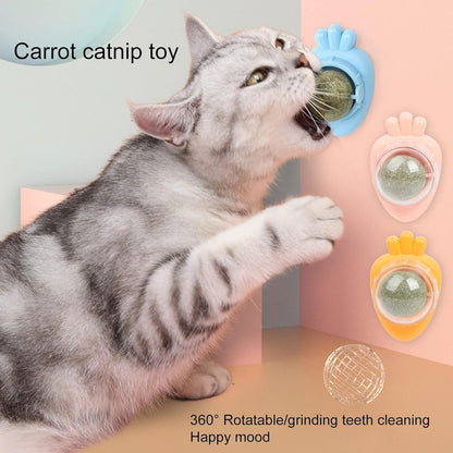 Carrot Shape Catnip Ball Toy – Self-Adhesive Wall-Mounted Mint Balls for Indoor Cats, Teeth Cleaning (Blue)