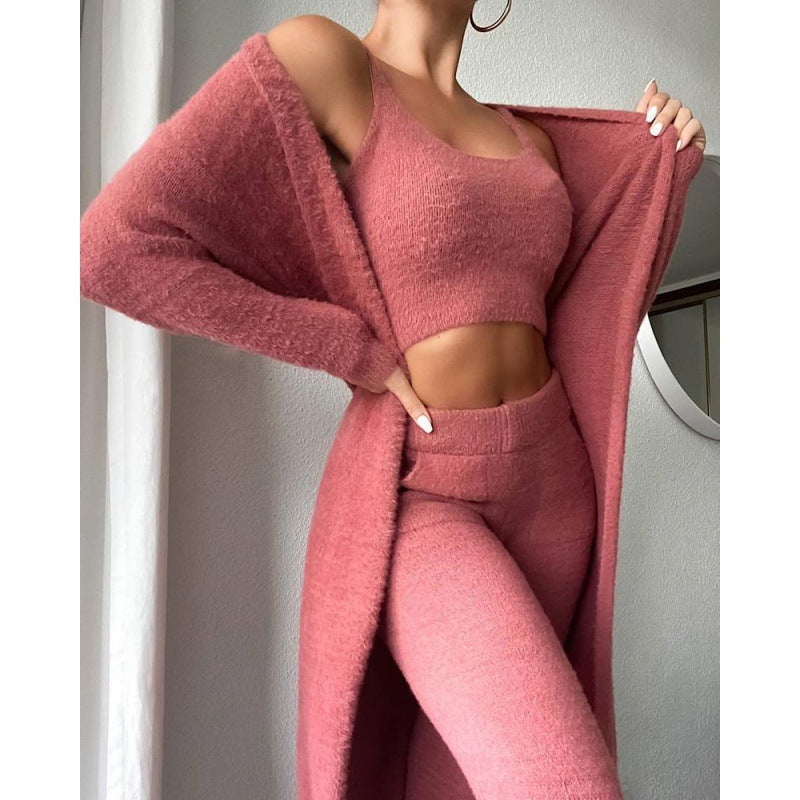 Women's 3-Piece Cozy Pajama Set – Warm Winter Loungewear with Top, Pants & Cardigan