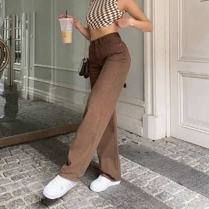 Women’s Retro Brown Solid Color Jeans