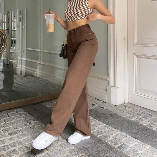 Women’s Retro Brown Solid Color Jeans