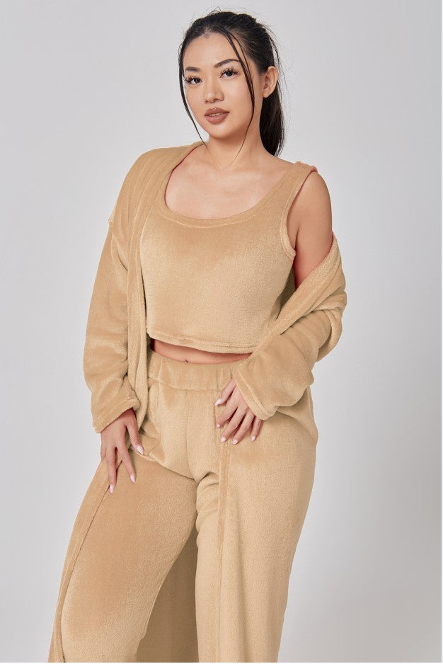 Women's 3-Piece Cozy Pajama Set – Warm Winter Loungewear with Top, Pants & Cardigan
