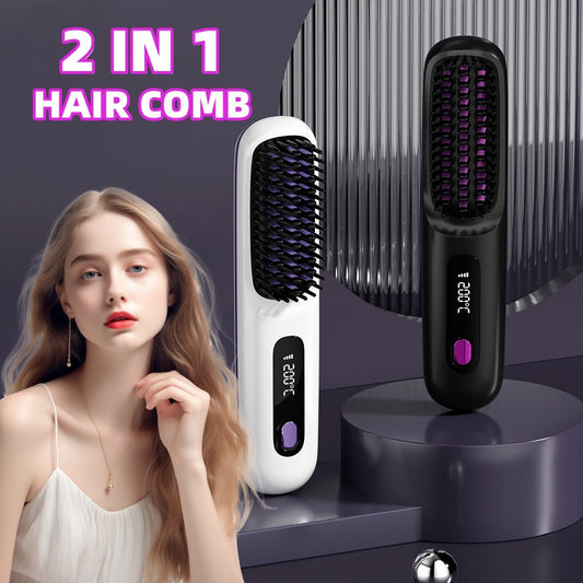 2-in-1 Wireless Hair Straightener Comb – Portable USB Hot Curler