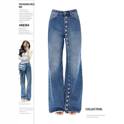American-Style Retro Washed Straight Jeans – Button Front