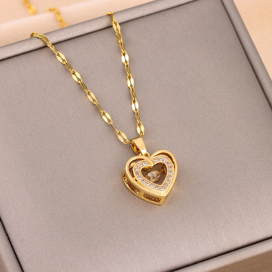 Double Layer Heart Pendant Necklace for Women – Rhinestone Titanium Steel Jewelry Gift