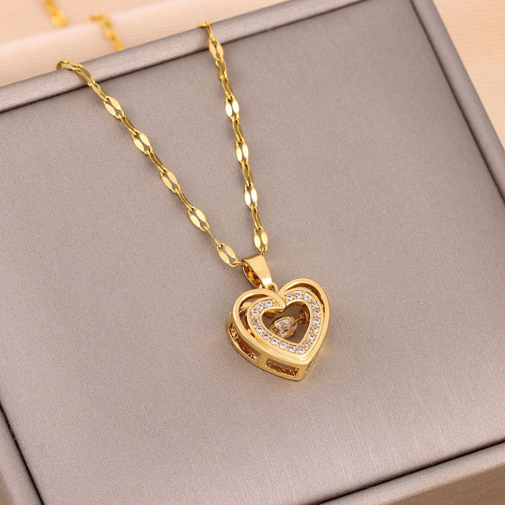 Double Layer Heart Pendant Necklace for Women – Rhinestone Titanium Steel Jewelry Gift
