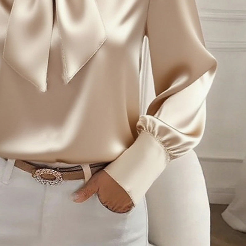 Women’s Satin Bow Blouse – Long Sleeve