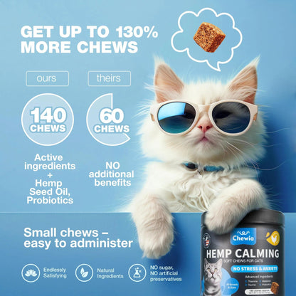 Cat Calming Treats – Hemp & Melatonin Soft Chews with Probiotics for Anxiety Relief