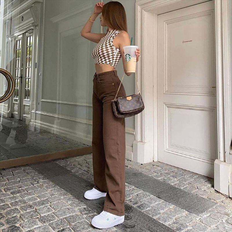 Women’s Retro Brown Solid Color Jeans