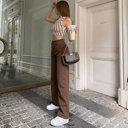Women’s Retro Brown Solid Color Jeans
