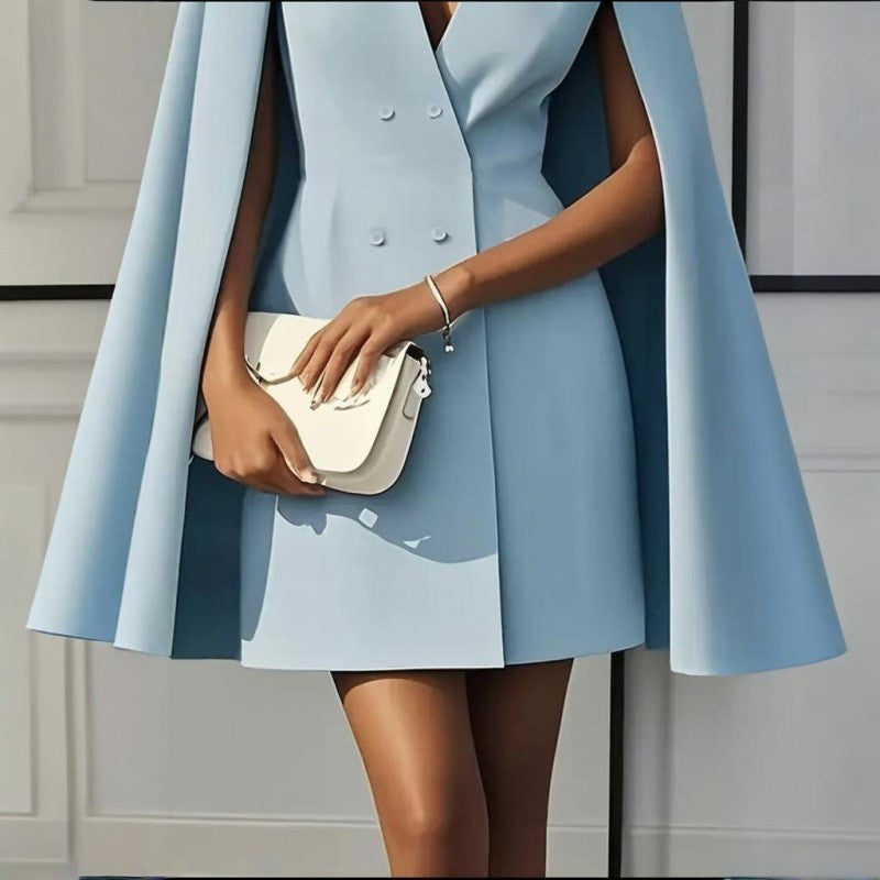 Women’s Elegant V-Neck Double-Breasted Cape Blazer Dress