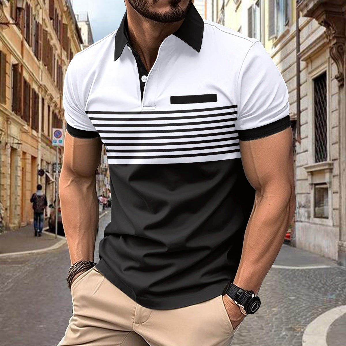 Men’s Casual Striped Shirt – Short Sleeve with Chest Pocket