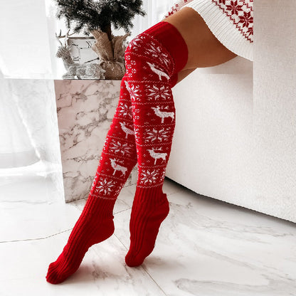 Women's Christmas Over-the-Knee Socks – Warm Knitted Elk & Snowflake Design