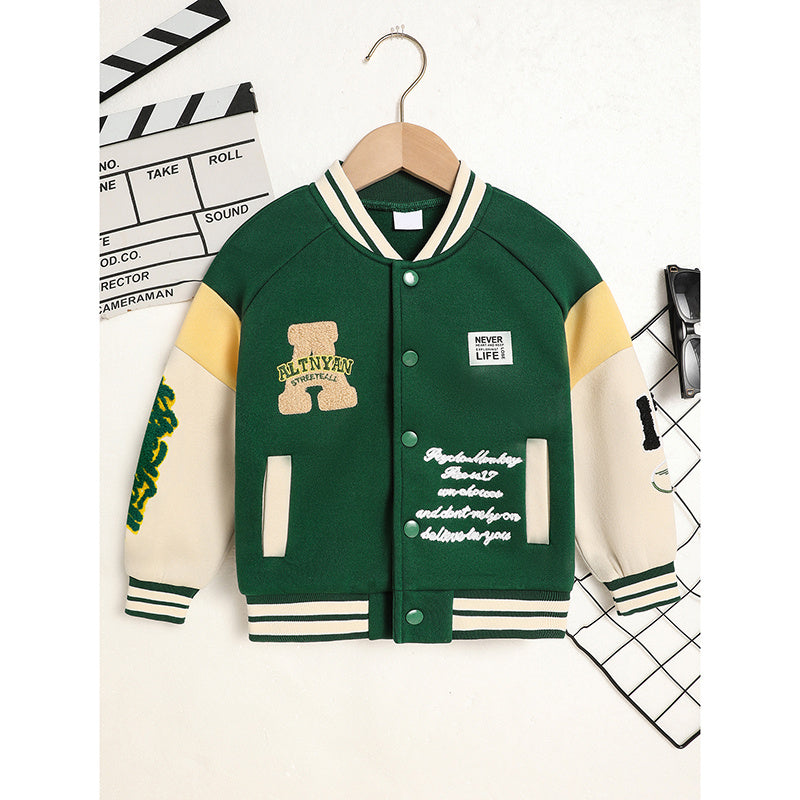 Kids Embroidered Letter Baseball Jacket – Unisex Casual Coat