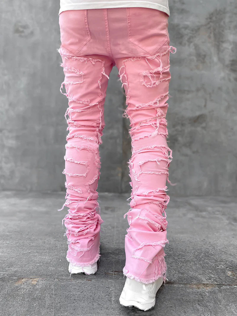 Men’s Stacked Jeans – Slim Fit Patched Denim Trousers
