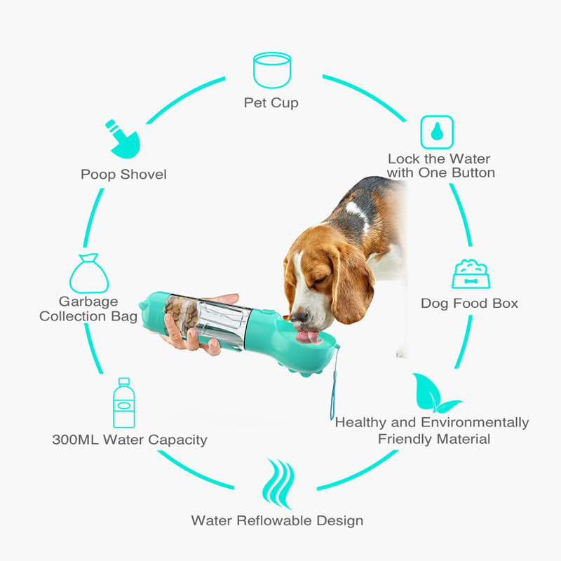 3-in-1 Dog & Cat Water Bottle – Portable Feeder, Bowl & Garbage Bag Dispenser for Travel