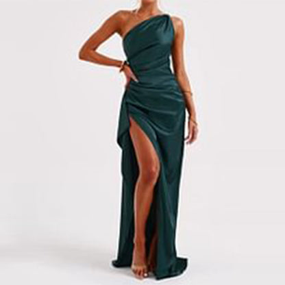 Women's Satin One-Shoulder Backless Slit Dress