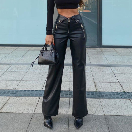High Waist Wide Leg Leather Pants