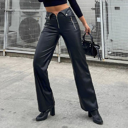 High Waist Wide Leg Leather Pants