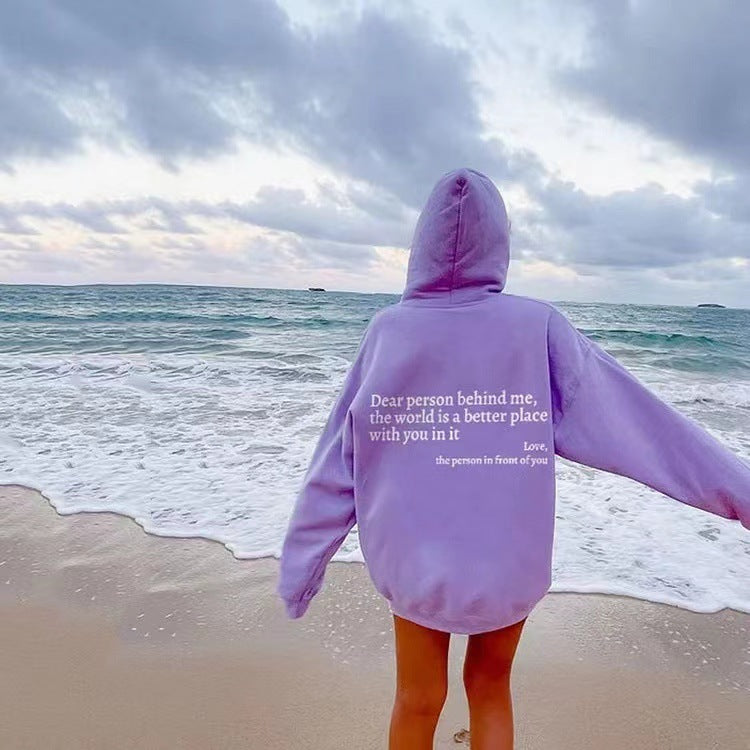 Women’s Plush Letter Print Hoodie with Kangaroo Pocket