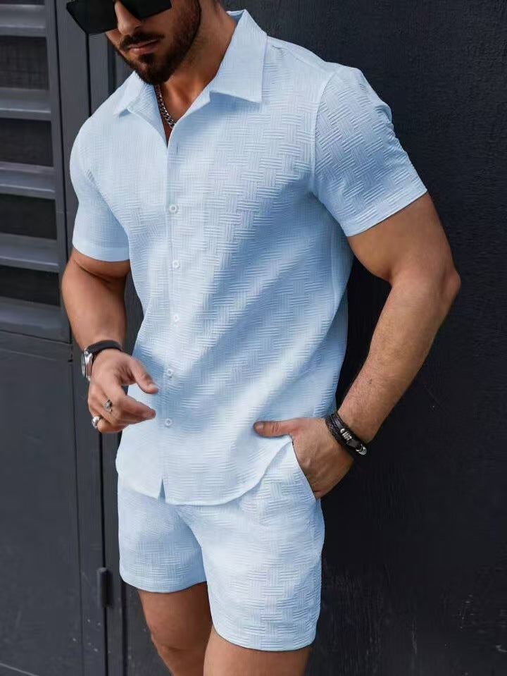 Men’s Summer Beach Two-Piece Set – Short Sleeve Shirt & Shorts
