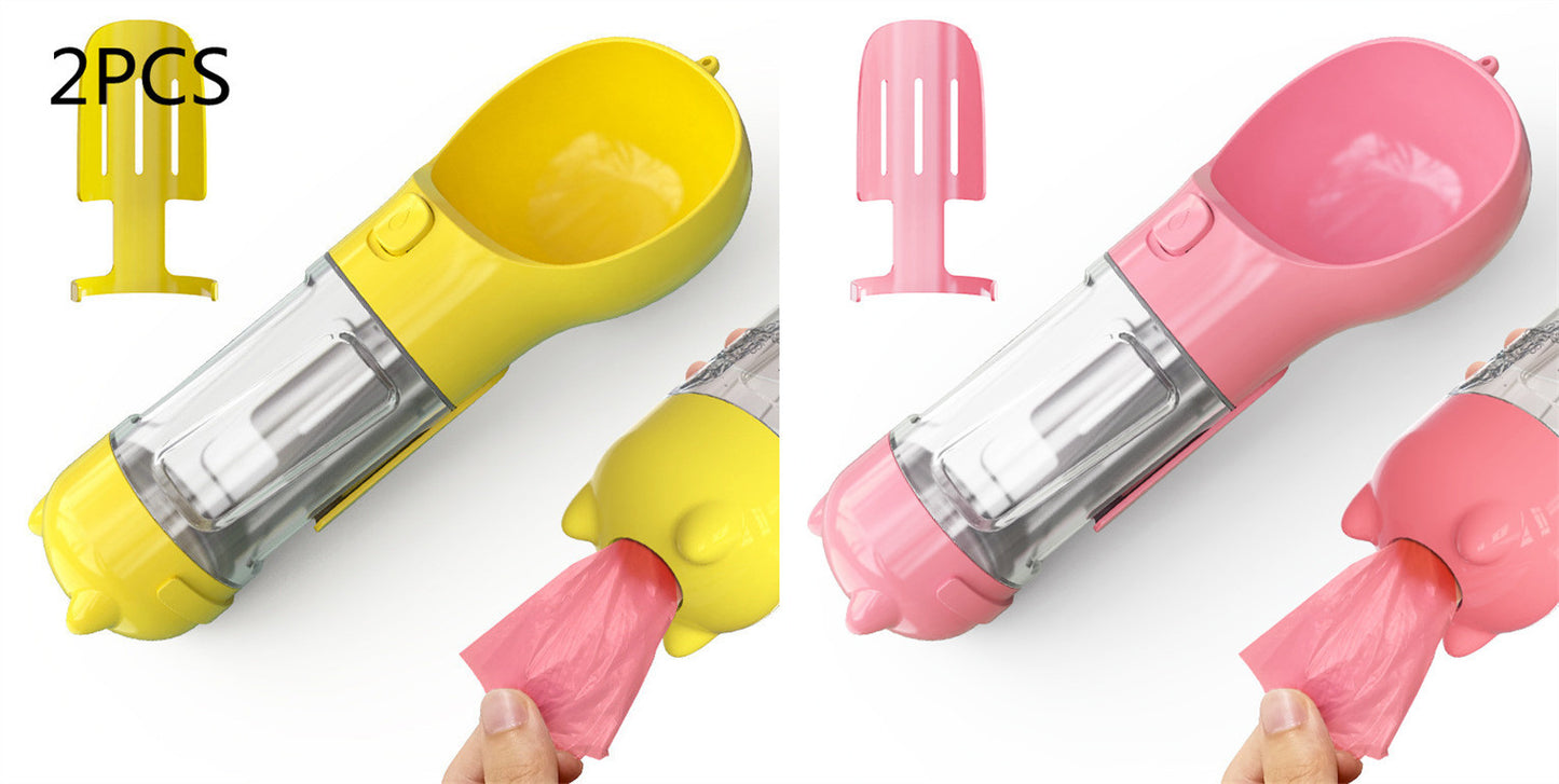 3-in-1 Dog & Cat Water Bottle – Portable Feeder, Bowl & Garbage Bag Dispenser for Travel