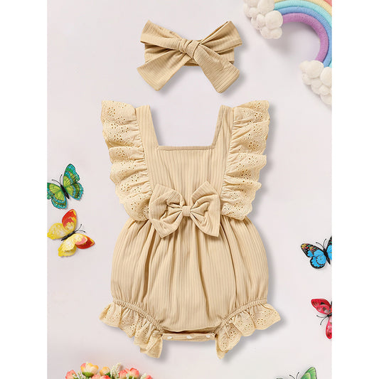 Baby Girl Square Neck Bow Onesie with Headband