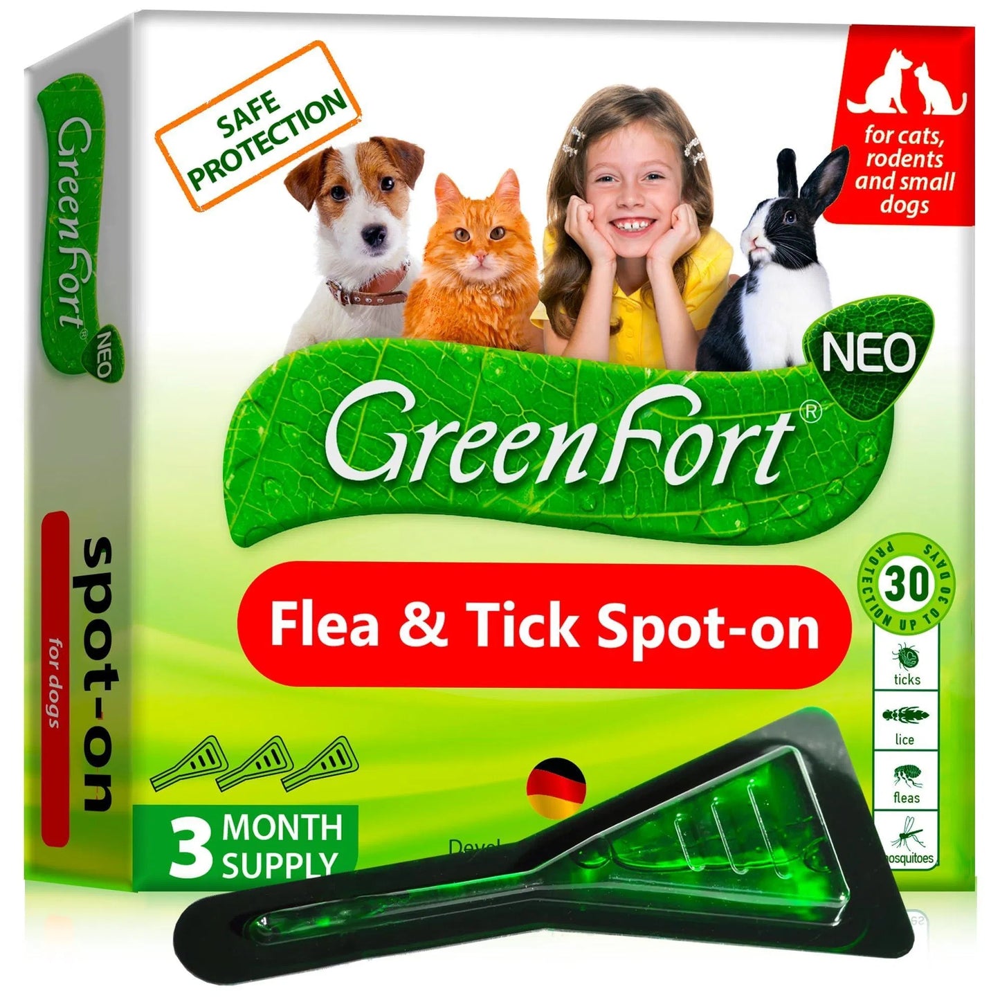 Natural Flea & Tick Prevention for Dogs, Cats & Rabbits – Topical Pest Control & Mosquito Repellent, 3 Drops for Small & Large Pets