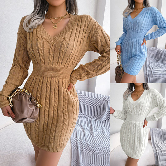Women’s 2025 Fall Winter V-Neck Knit Sweater Dress