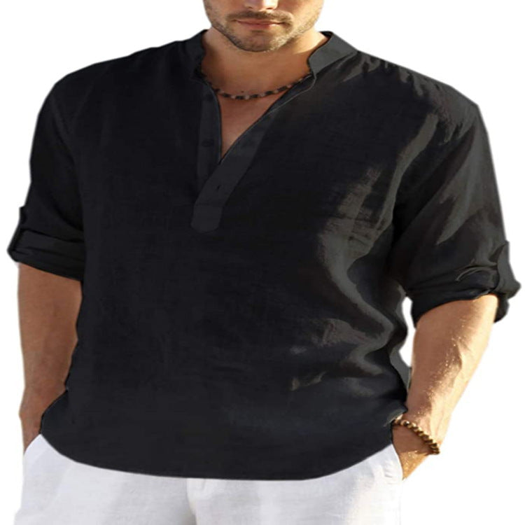 Men’s Cotton Linen Shirt – Casual Long Sleeve with Stand Collar