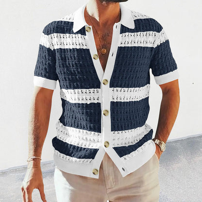 Men’s Summer Luxury Knitted Polo – Short Sleeve, Colored Hollow Breathable Cardigan Top