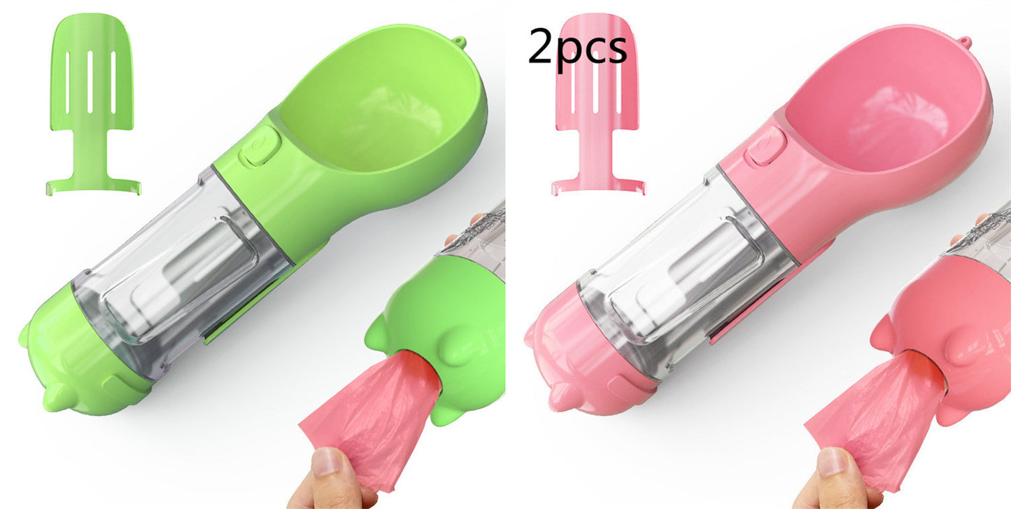 3-in-1 Dog & Cat Water Bottle – Portable Feeder, Bowl & Garbage Bag Dispenser for Travel