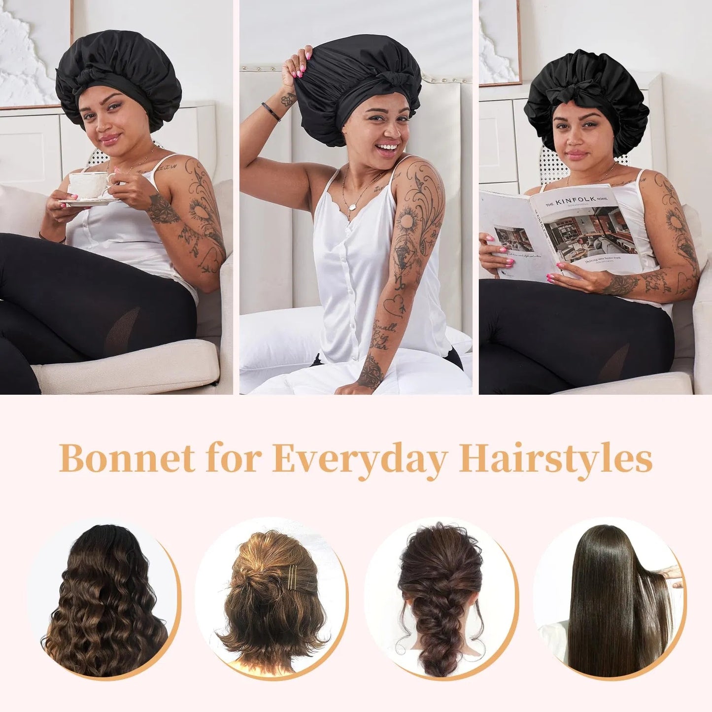 Silk Satin Sleep Bonnet – Black Hair Cap for Women & Men